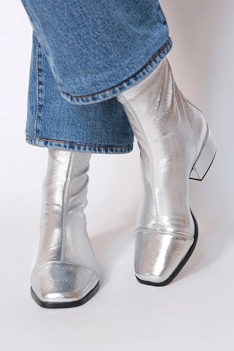 Botines Plateados Metalizados Tacón Ancho