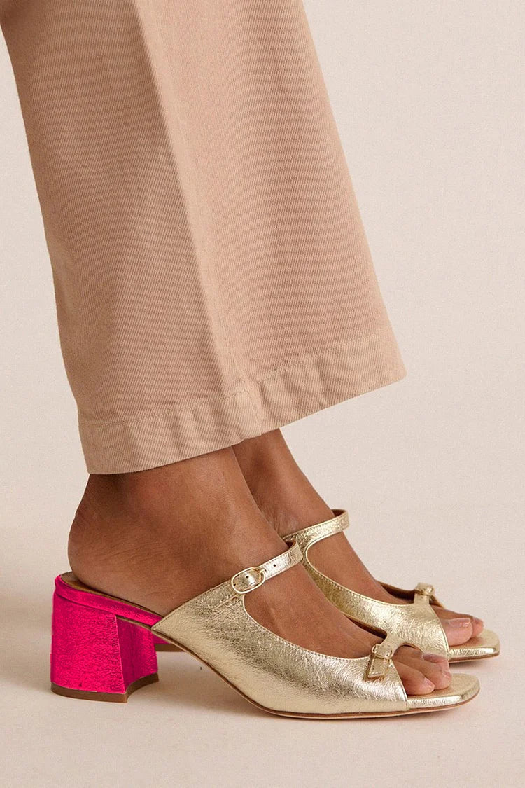Tacones Anchos Dorados Bicolor Slingback