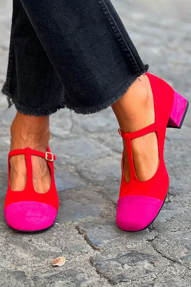 Tacones Anchos Rojos Correa en T