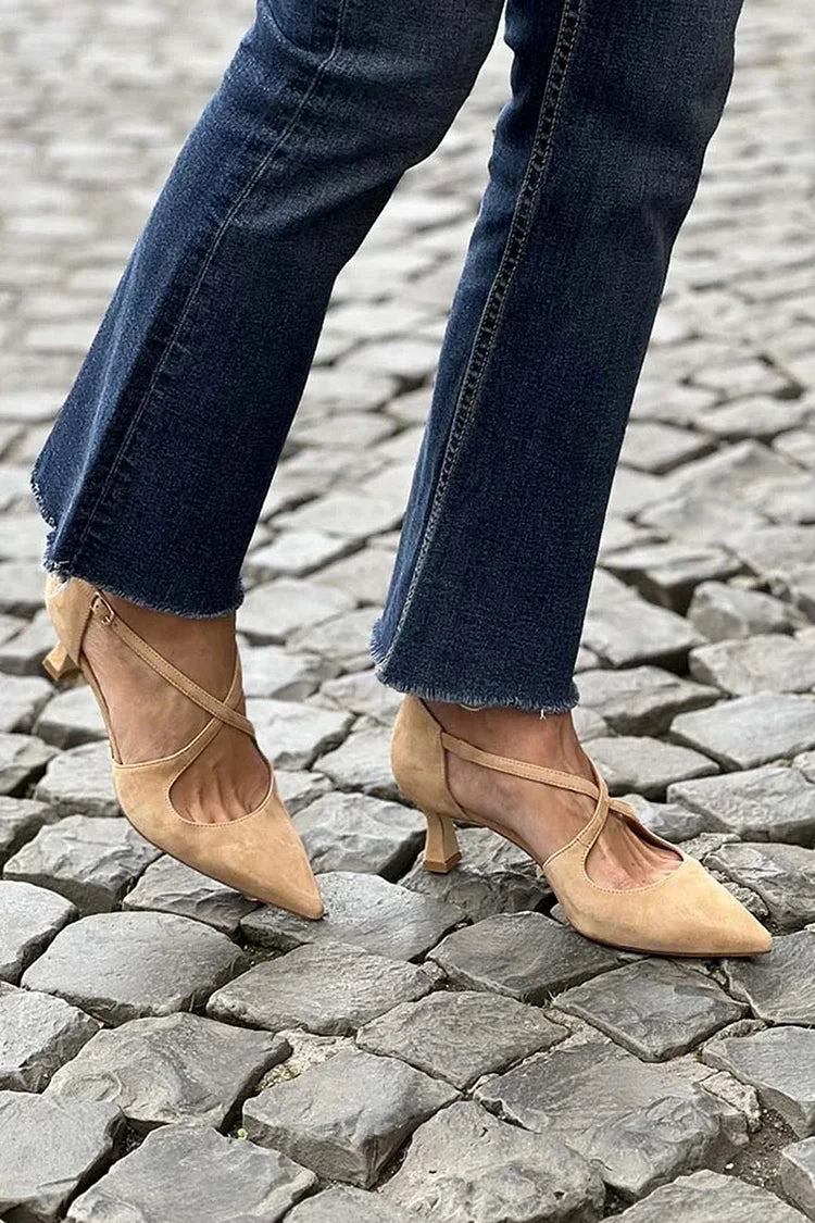 Tacones Bajos Caqui Correa Cruzada