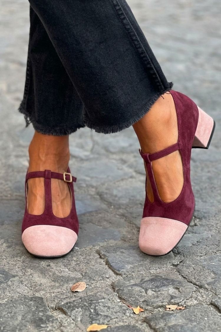 Tacones Anchos Rojos Correa en T