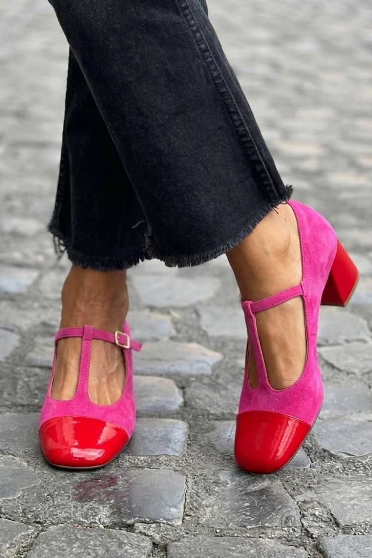 Tacones Anchos Morados Correa en T