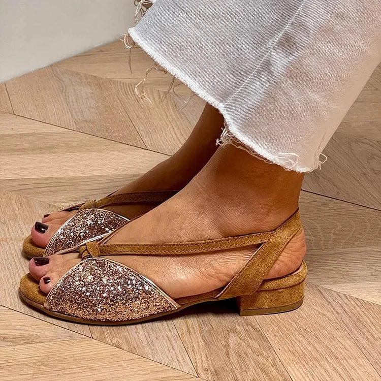 Sandalias Tacón Bajo Marrón Brillo