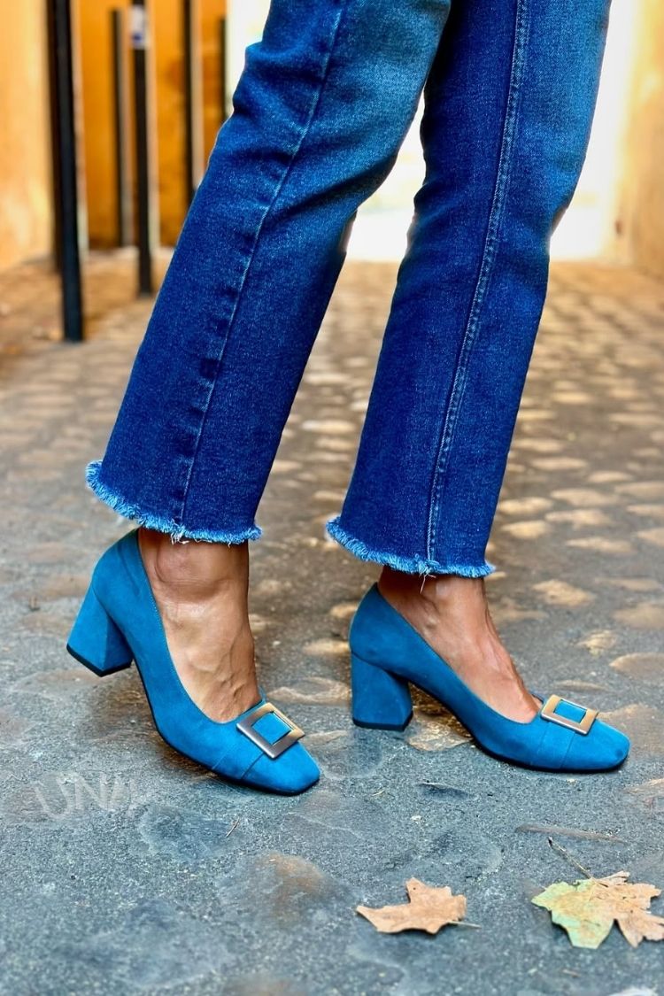 Tacones Anchos Azul Marino Metálico