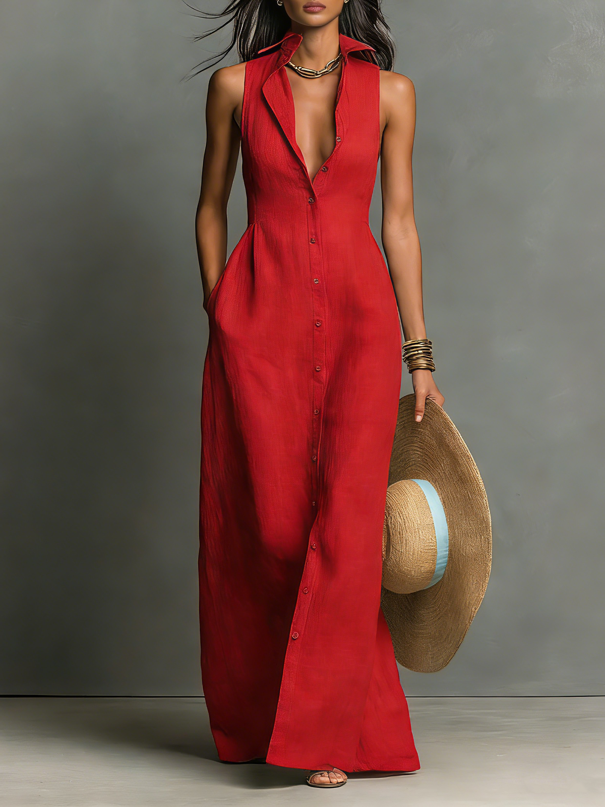 Vestido Camisero Largo sin Mangas