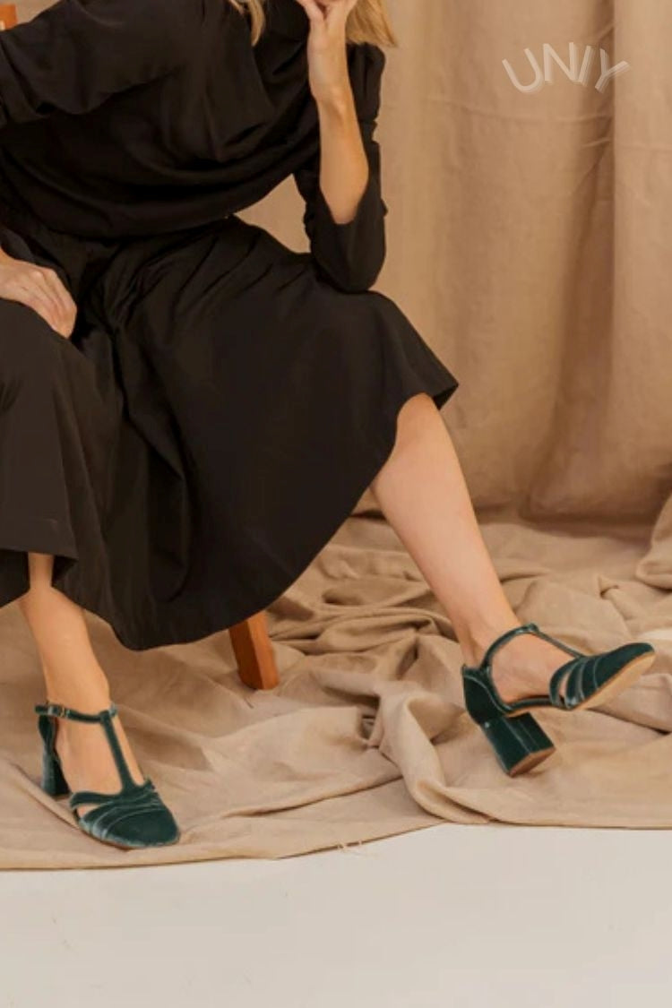 Tacones Anchos Terciopelo Correa en T
