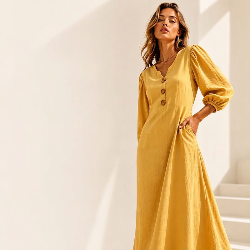 Vestido Maxi Escote V Abullonado