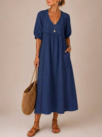 Vestido Midi Escote en V con Detalles de Encaje