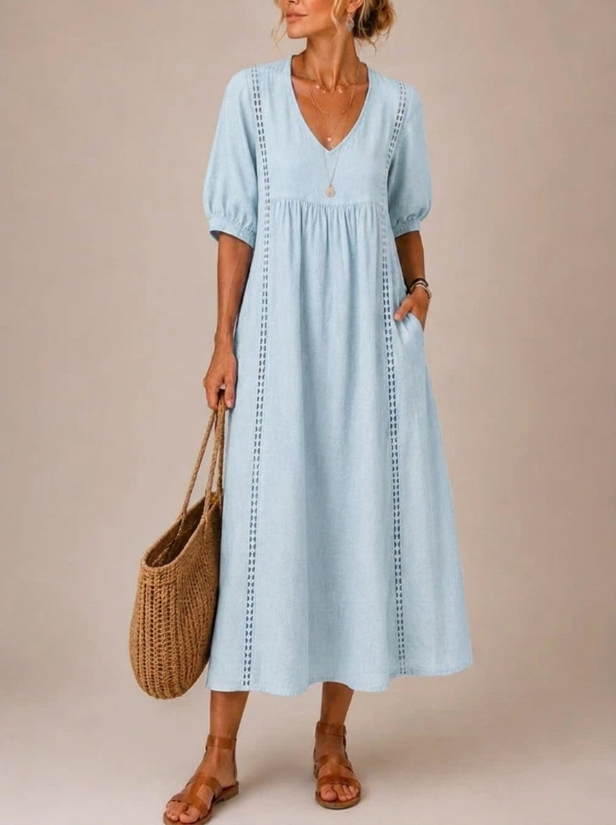 Vestido Midi Escote en V con Detalles de Encaje
