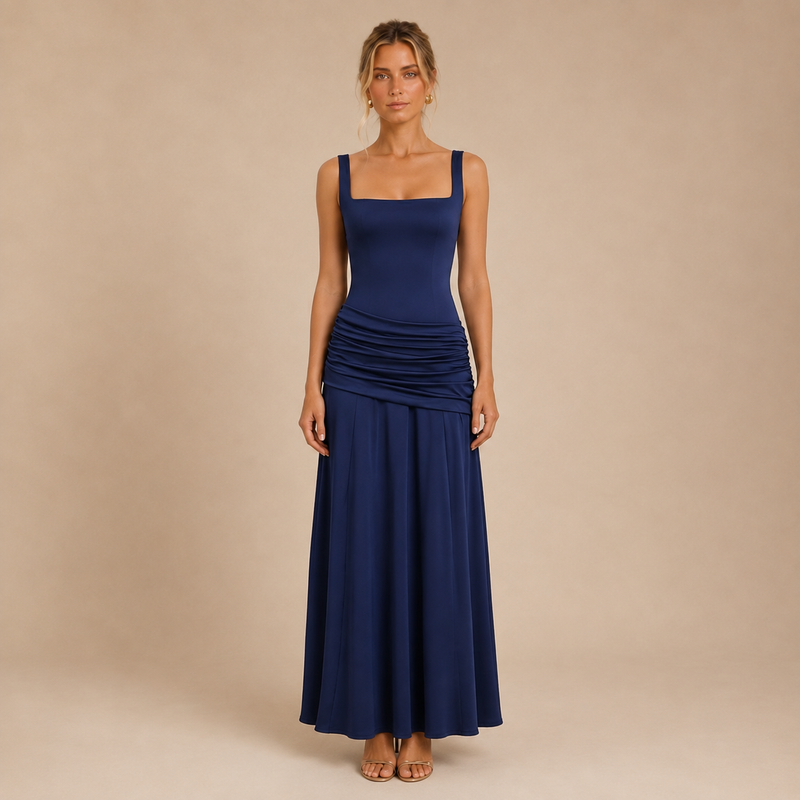 Vestido Maxi Drapeado Celeste