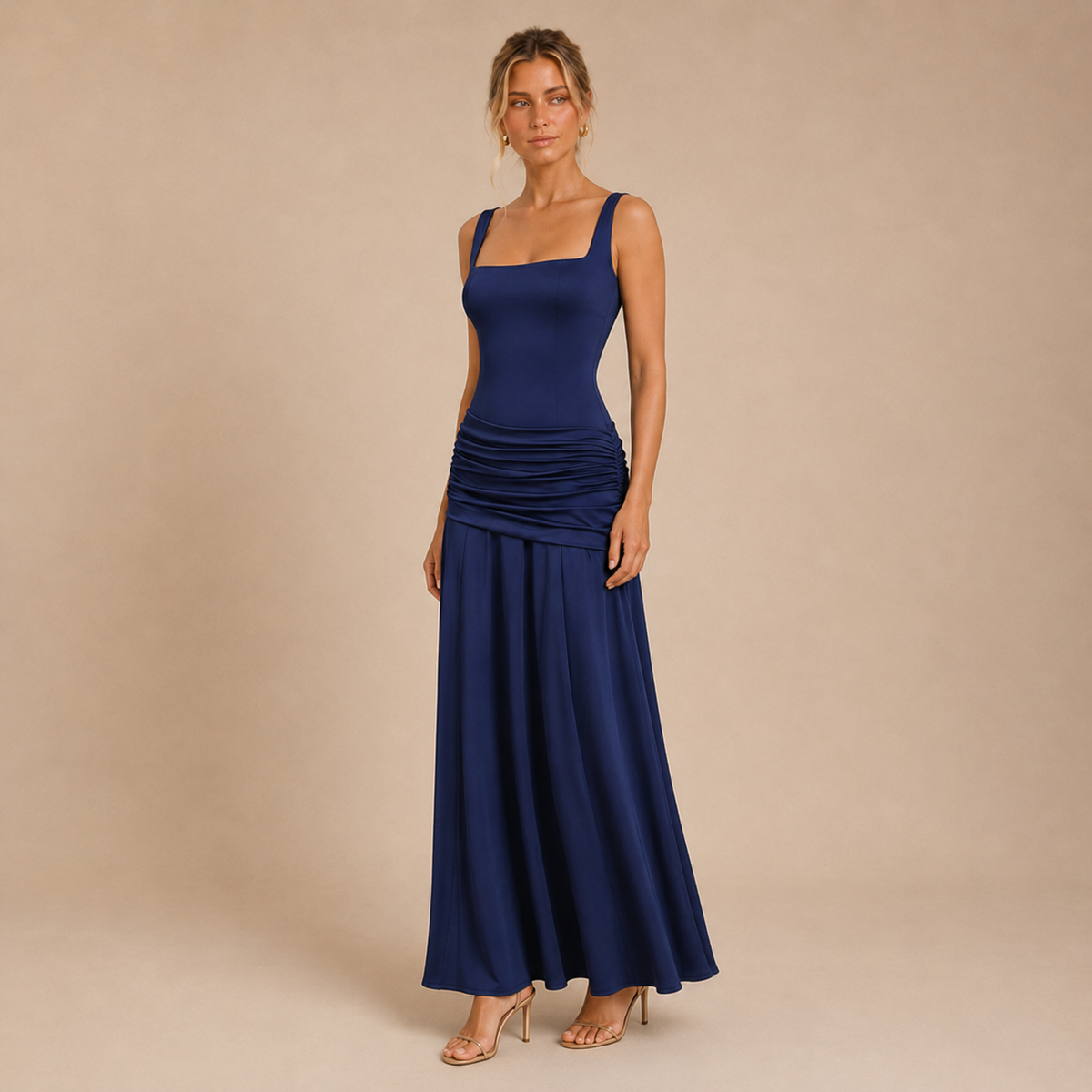 Vestido Maxi Drapeado Celeste