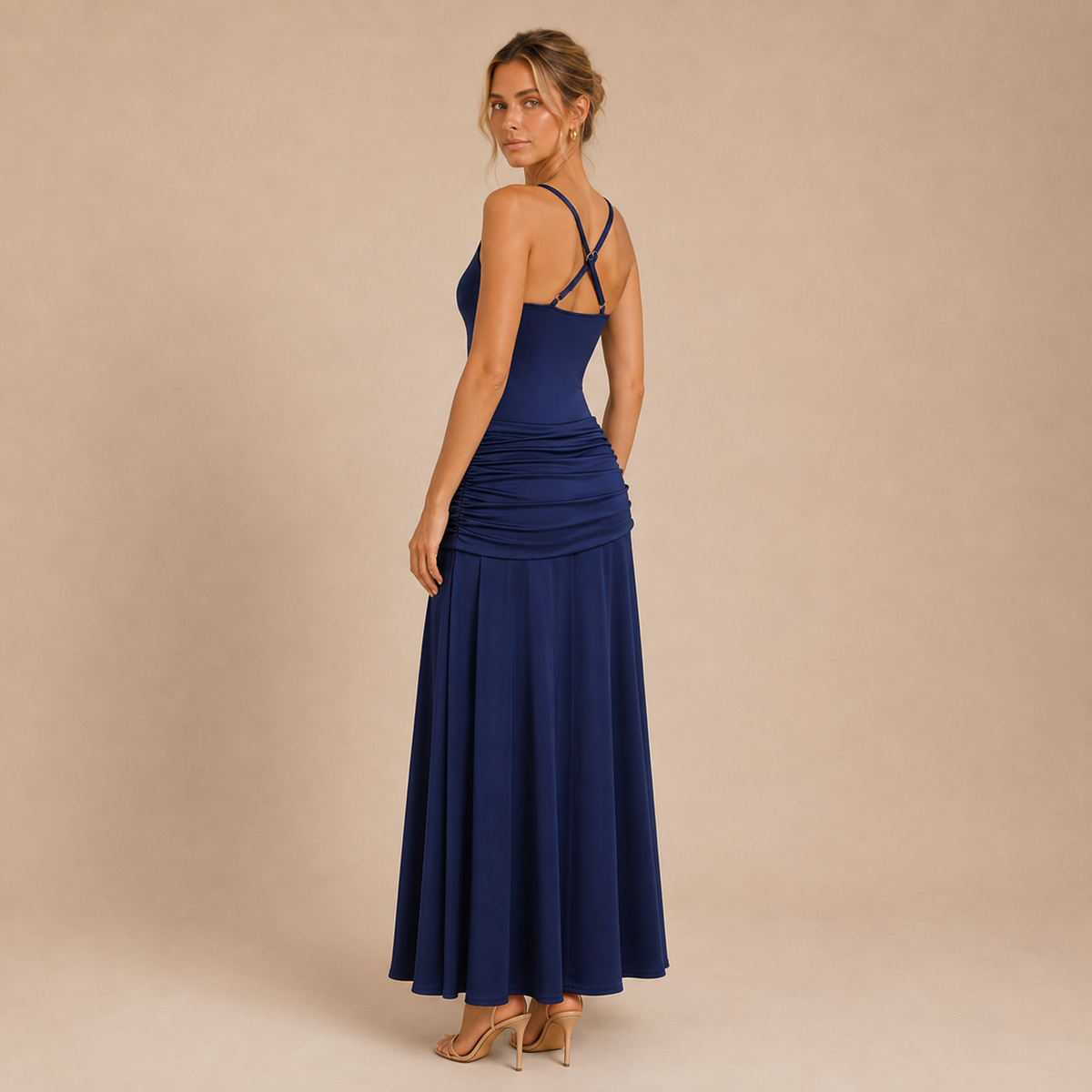 Vestido Maxi Drapeado Celeste