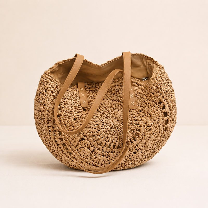 Bolso Redondo Paja Motivo Coñac