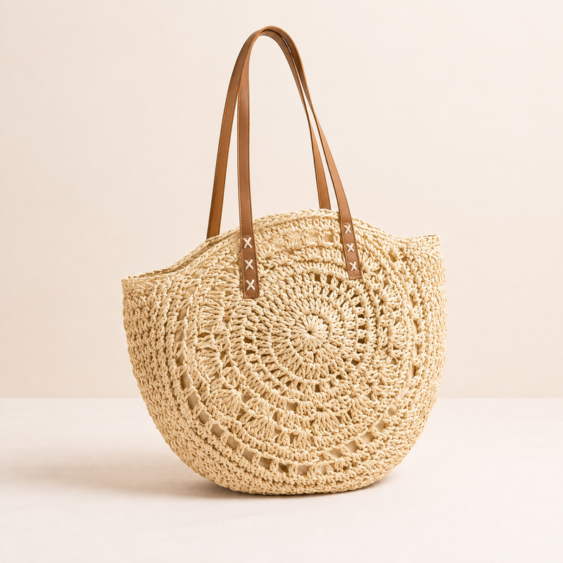 Bolso Redondo Paja Motivo Beige