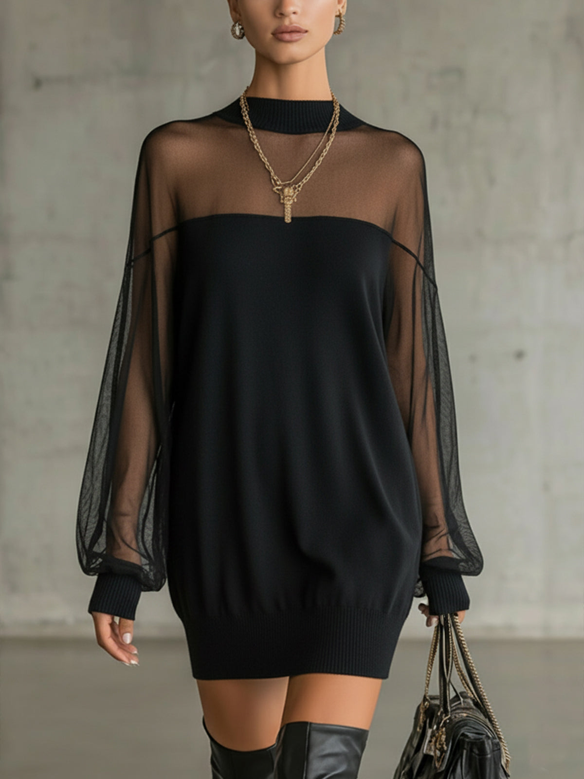 Mini Vestido Negro Mangas Malla