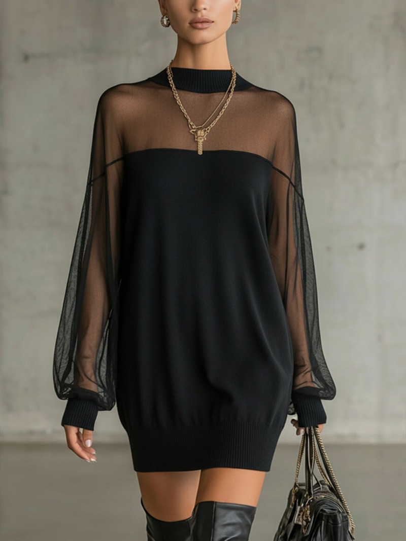Mini Vestido Negro Mangas Malla