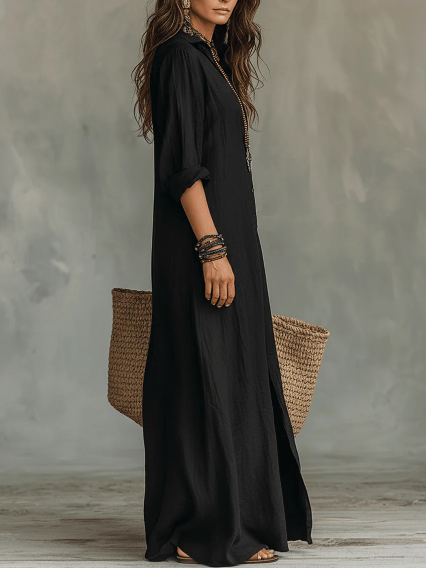 Vestido Maxi Negro con Botones