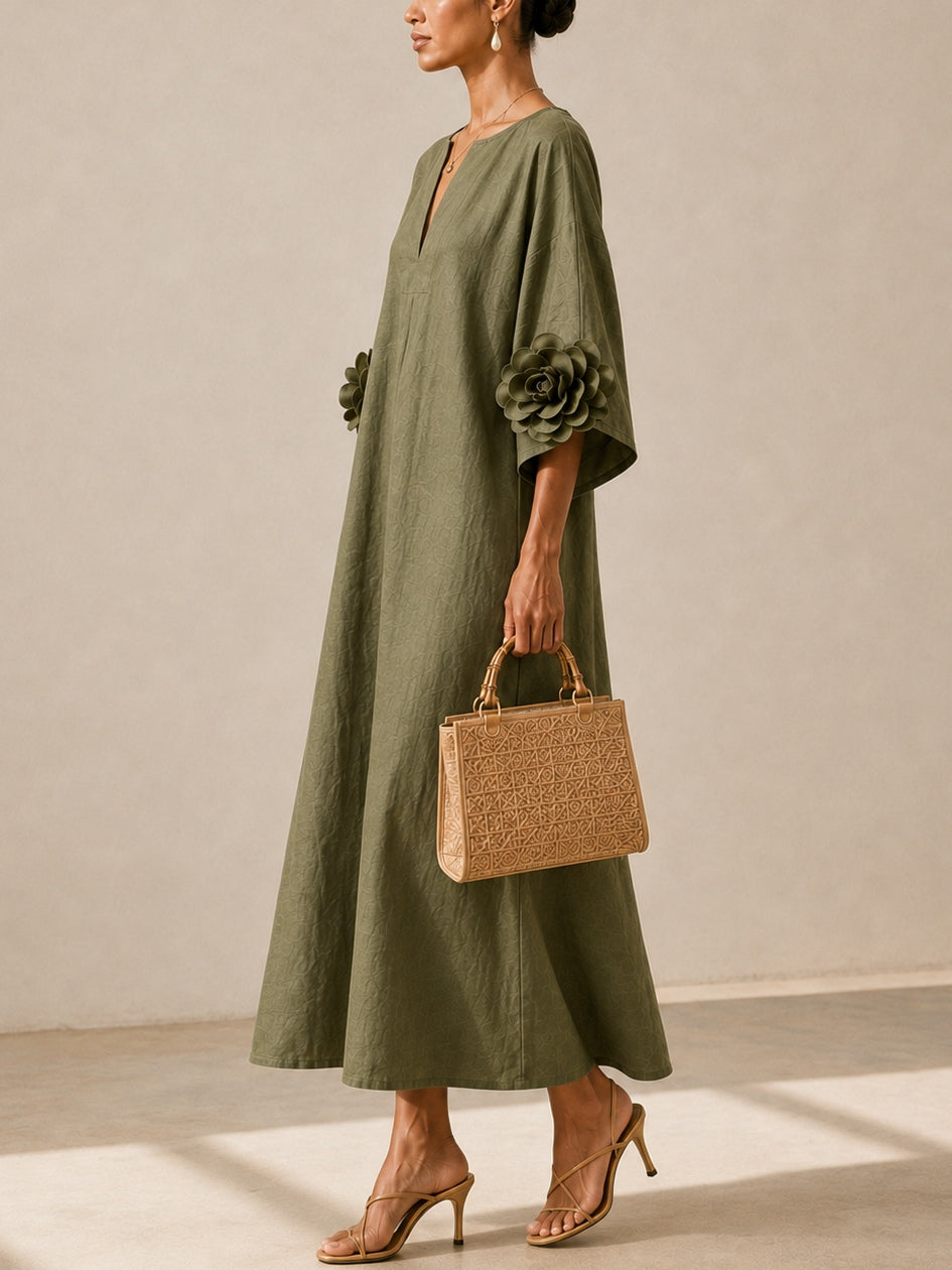 Vestido Midi Verde Oliva Floral