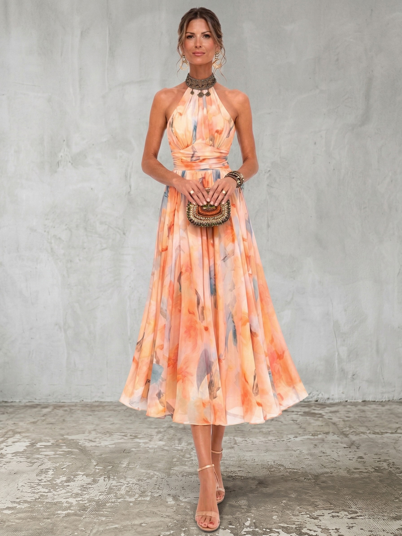 Vestido Escote Halter Estampado Acuarela