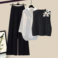 Conjunto de Punto 3 Piezas Chaleco Floral y Pantalón Ancho