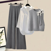 Conjunto de Punto 3 Piezas Chaleco Floral y Pantalón Ancho