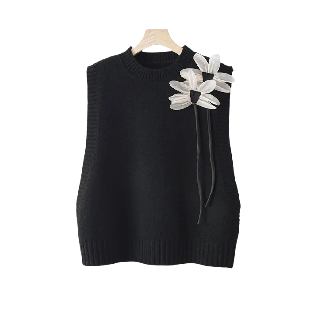 Conjunto de Punto 3 Piezas Chaleco Floral y Pantalón Ancho