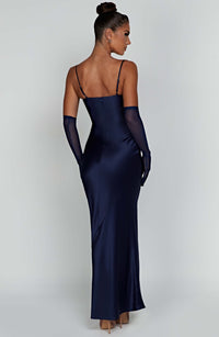 Vestido Maxi Satinado Raquel Celeste