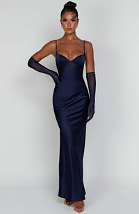 Vestido Maxi Satinado Raquel Celeste