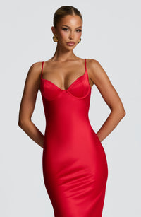 Vestido Maxi Satinado Raquel Celeste
