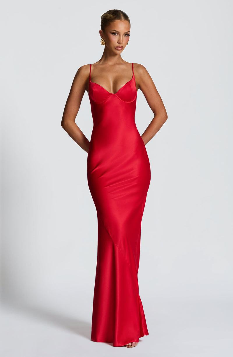 Vestido Maxi Satinado Raquel Celeste