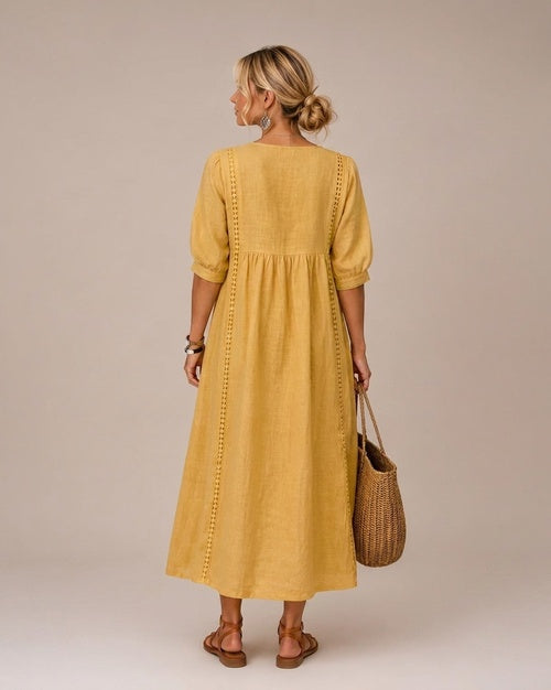 Vestido Midi Escote en V con Detalles de Encaje