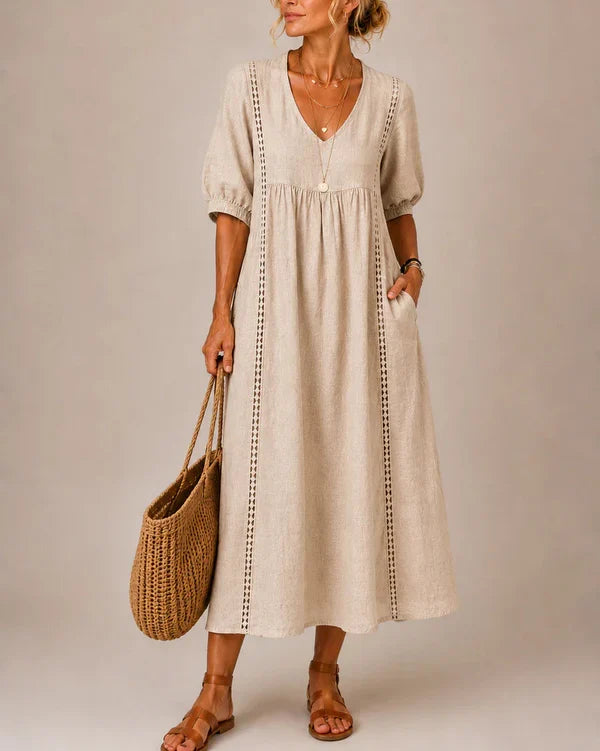 Vestido Midi Escote en V con Detalles de Encaje