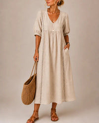 Vestido Midi Escote en V con Detalles de Encaje