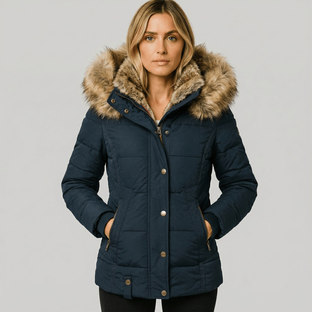 Chaquetón Acolchado con Capucha de Pelo Slim Fit
