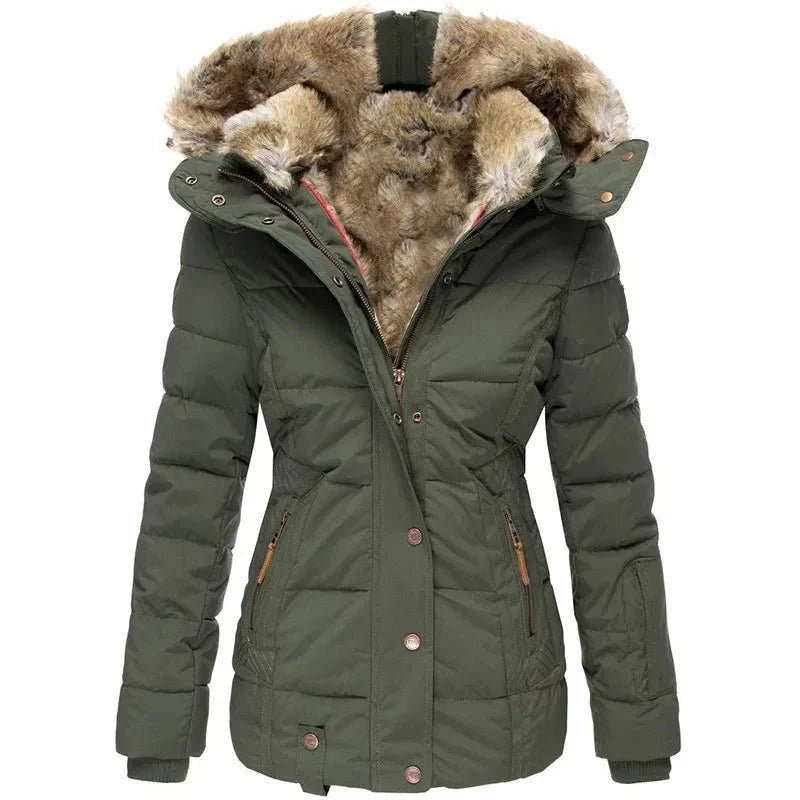 Chaquetón Acolchado con Capucha de Pelo Slim Fit