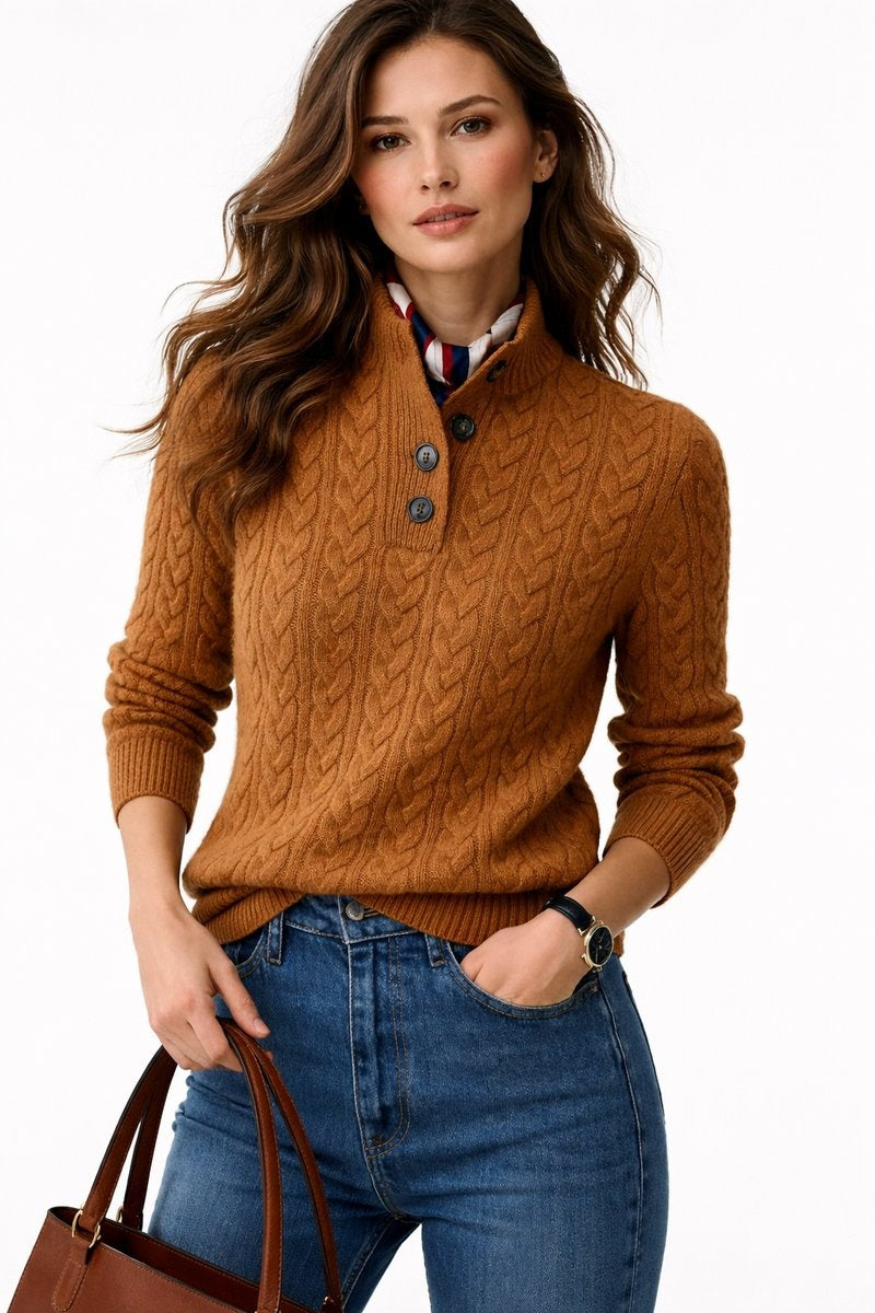 Jersey de Punto Trenzado Cuello Alto con Botones