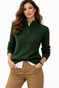 Jersey de Punto Trenzado Cuello Alto con Botones