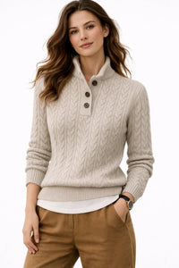 Jersey de Punto Trenzado Cuello Alto con Botones