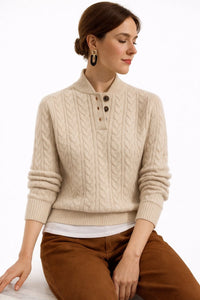 Jersey de Punto Trenzado Cuello Alto con Botones
