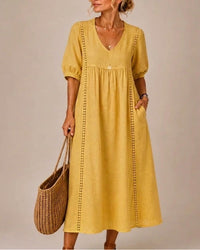 Vestido Midi Escote en V con Detalles de Encaje