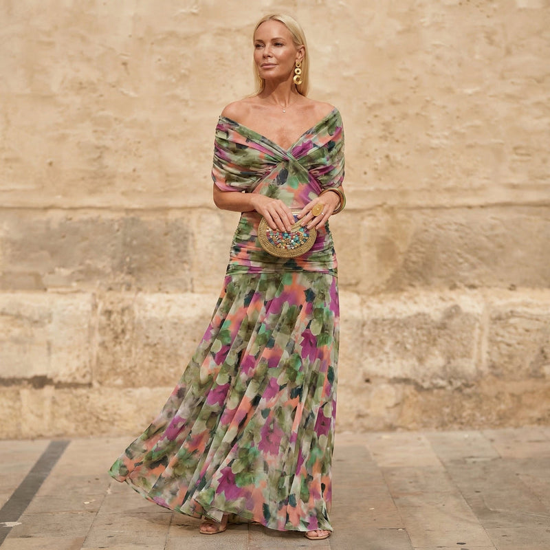 Vestido Largo Plisado Floral