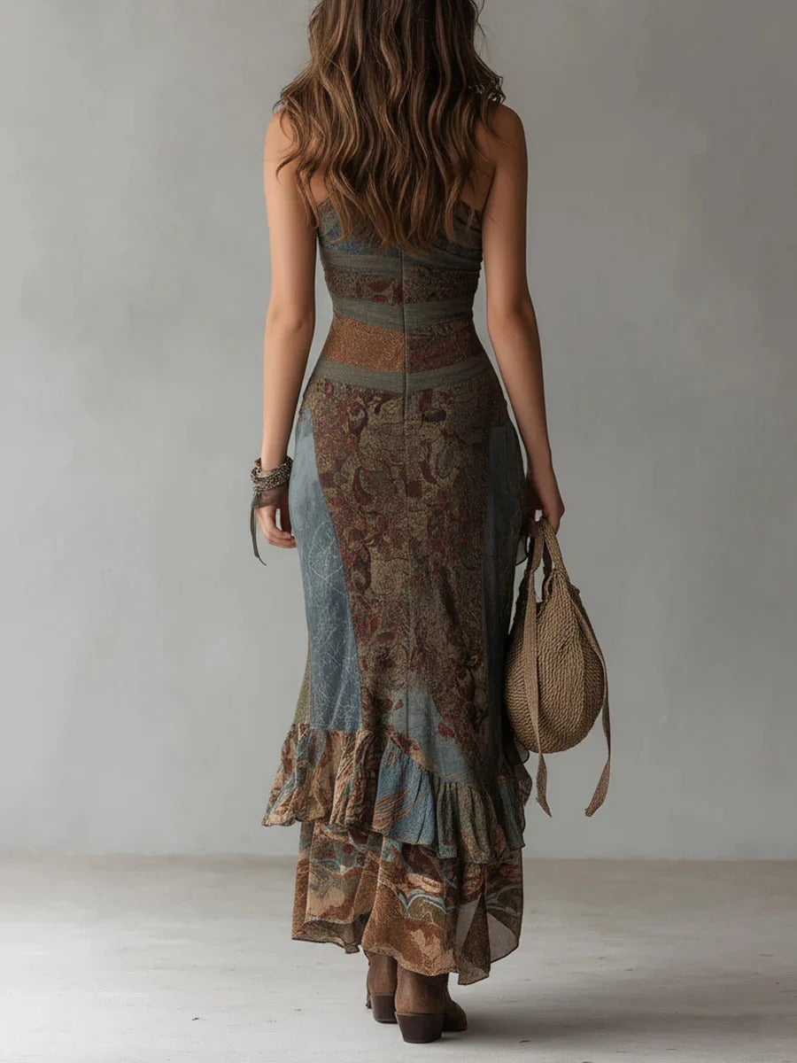 Vestido Largo Asimétrico Estampado Étnico