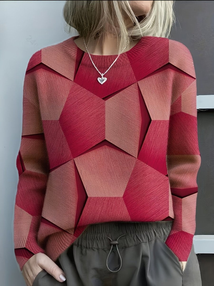 Jersey de Punto Estampado Geométrico Cuello Redondo Manga Larga