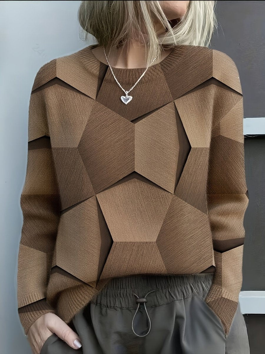 Jersey de Punto Estampado Geométrico Cuello Redondo Manga Larga