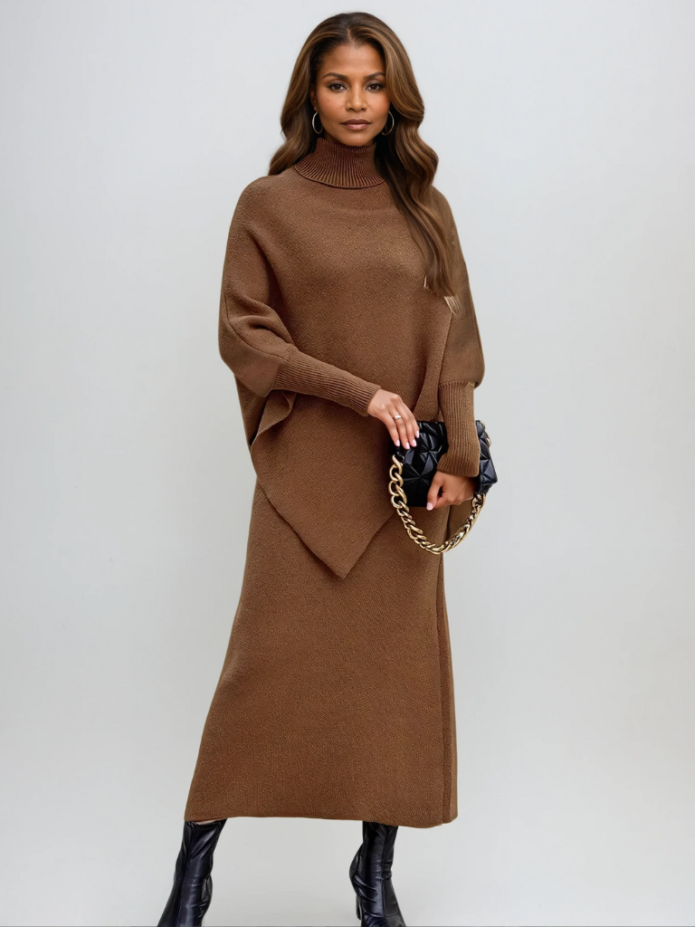 Conjunto de Punto Cuello Alto con Poncho y Falda Midi