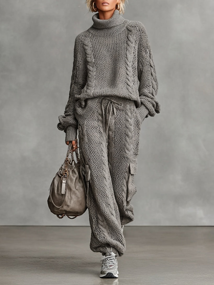 Conjunto de Punto de Cable Jersey Cuello Alto y Pantalón Cargo