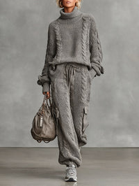 Conjunto de Punto de Cable Jersey Cuello Alto y Pantalón Cargo