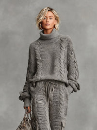 Conjunto de Punto de Cable Jersey Cuello Alto y Pantalón Cargo
