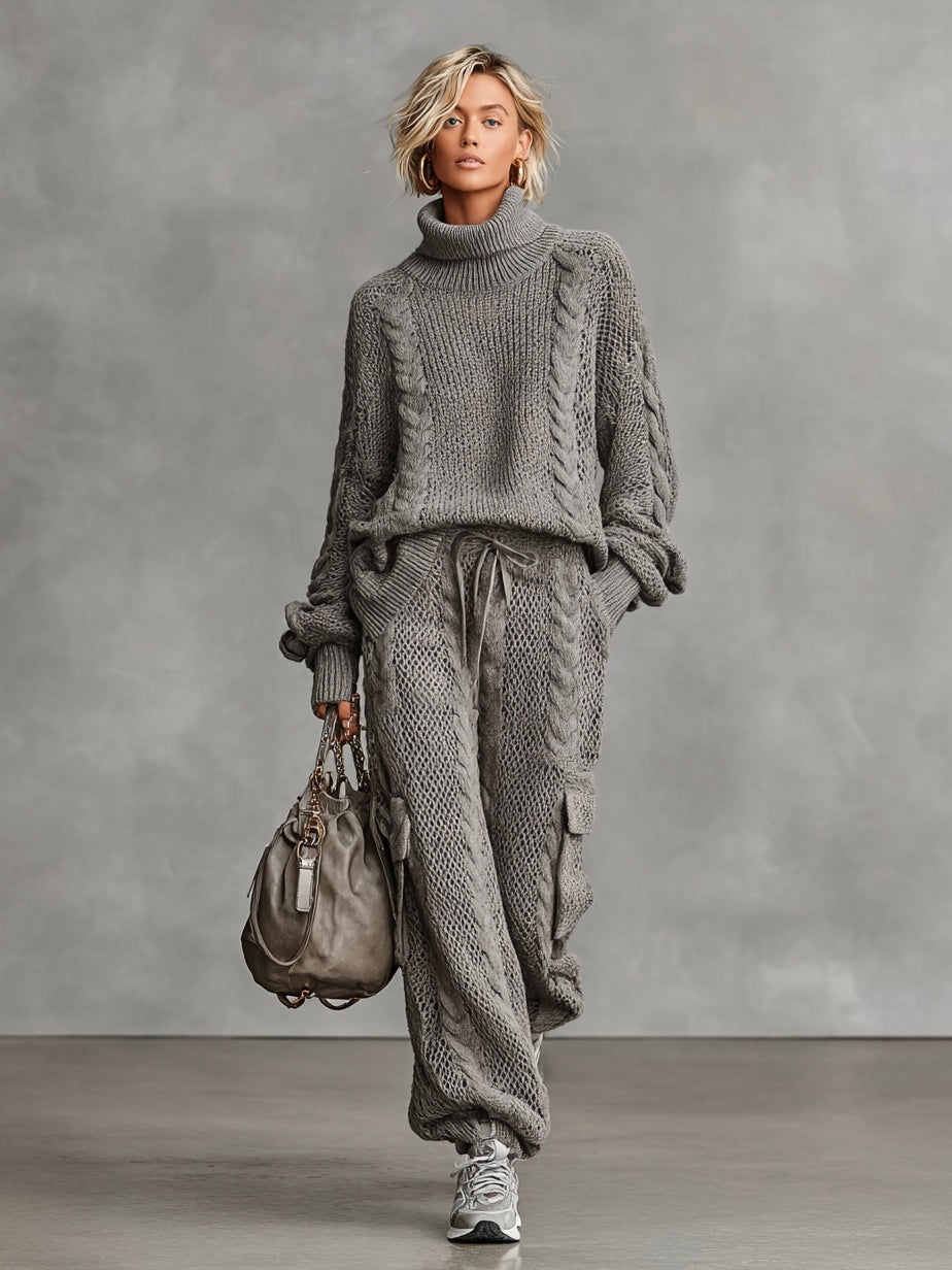 Conjunto de Punto de Cable Jersey Cuello Alto y Pantalón Cargo