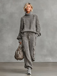 Conjunto de Punto de Cable Jersey Cuello Alto y Pantalón Cargo